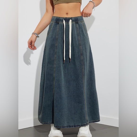 Elastic High Waist Long Denim Skirt Jean Skirt Cargo Flare A Line Maxi Dress - Picture 2 of 5
